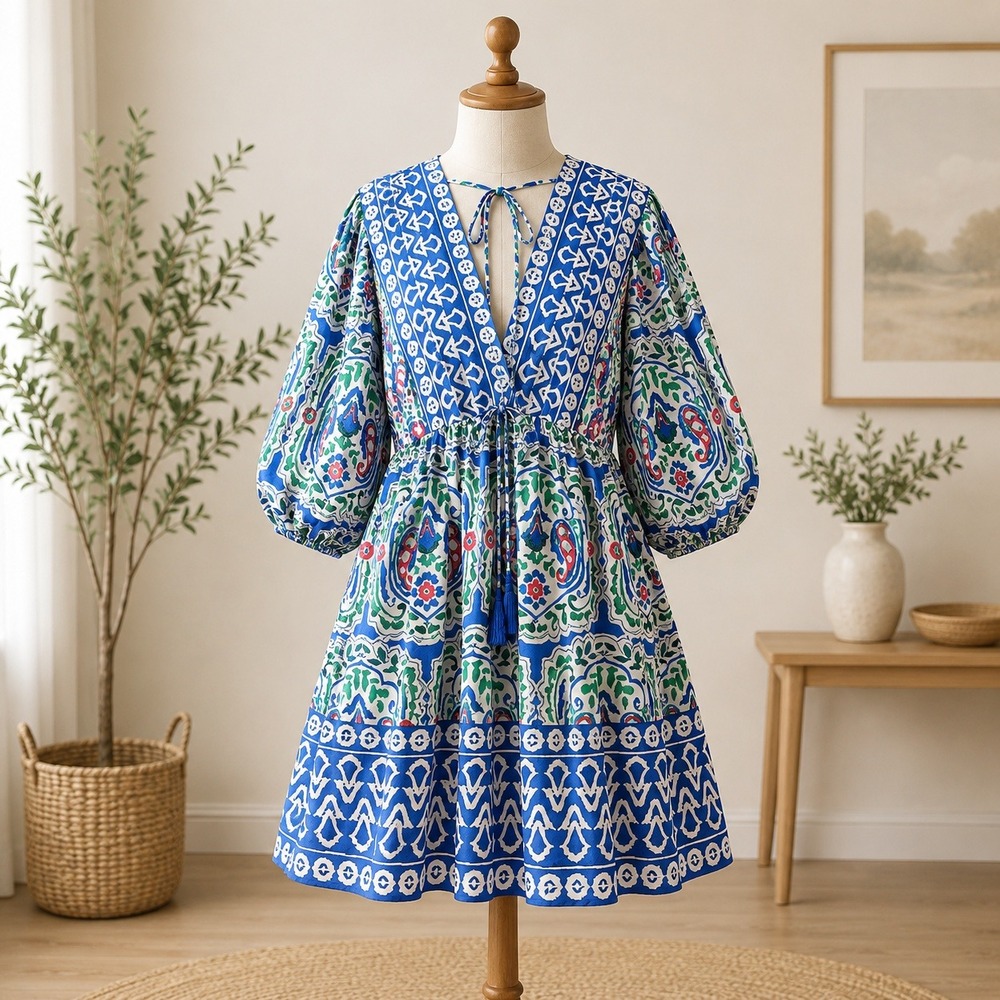 NWT Cupshe Cover Up Dress Womens Large Blue Paisley Ikat V-Neck High-Low Boho